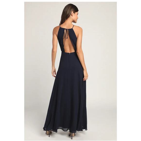 Lulus Aim for Amour Navy Blue Halter Neck Chiffon Maxi Slit Women's Dress M - Picture 2 of 12